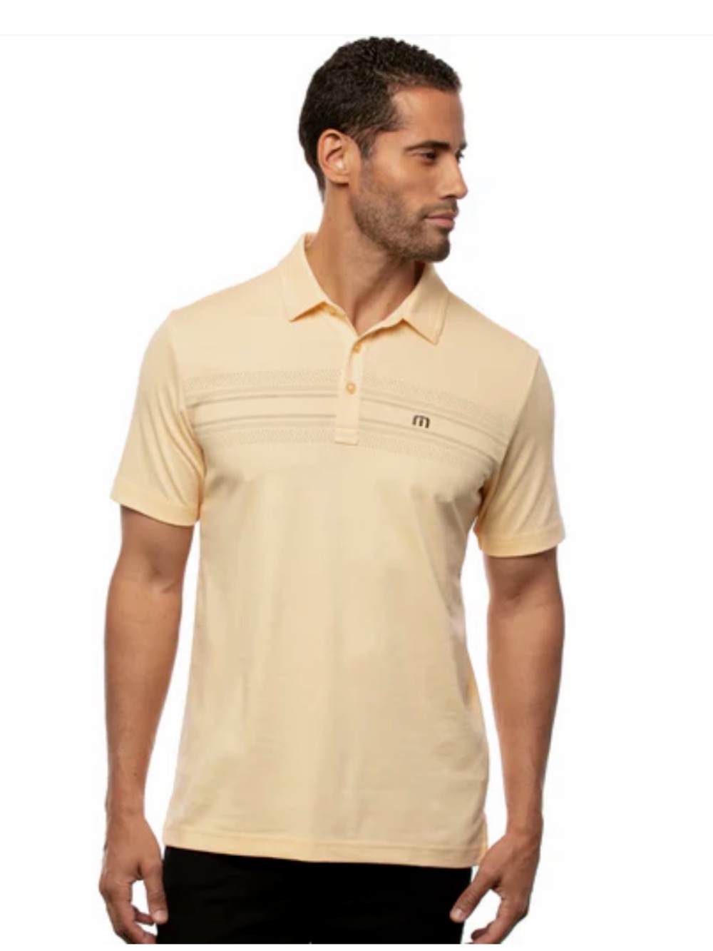Travis Mathew On Deck butter yellow polo with gray dotted stripe, M